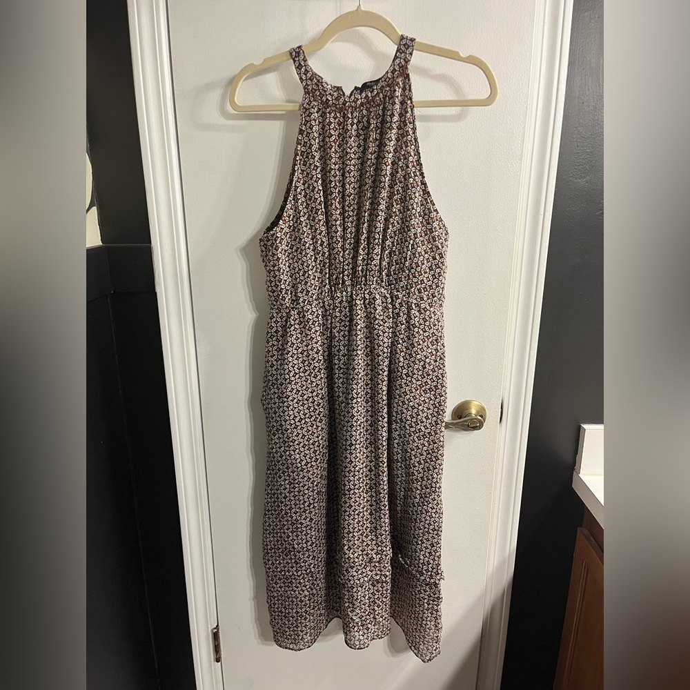 Madewell midi dress. Brown with orange and white print